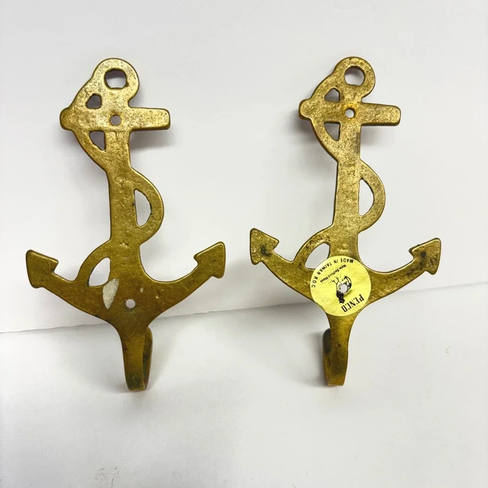 Vintage Solid Brass Anchor Wall Hooks Pair Nautical Coastal Maritime Decor
